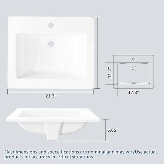 Vessel Sink 21.26x17.72 Inch, Ceramic Semi-Recessed Bathroom Sink, Square White Vessel Sink with Single Faucet Hole, Above Counter Vanity Basin