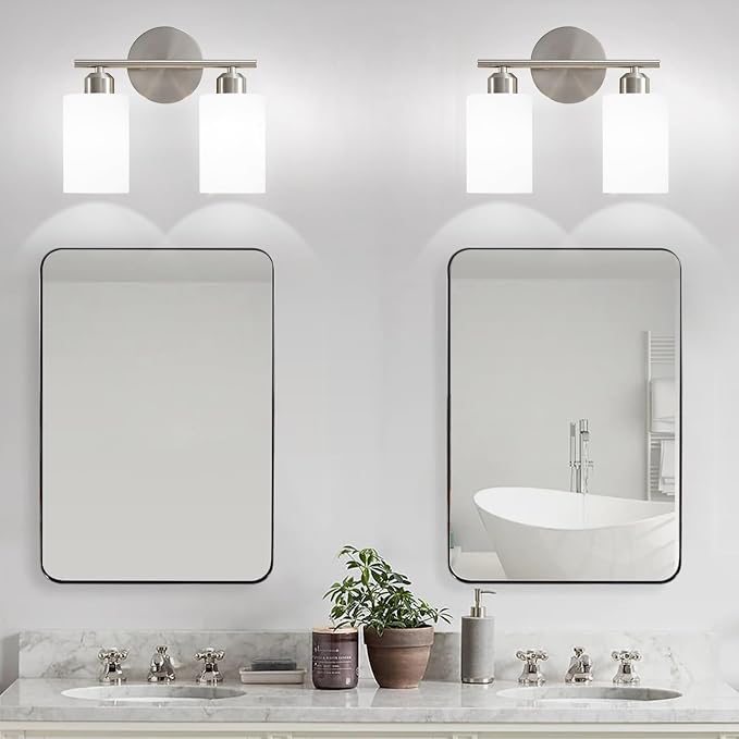 Brushed Nickel Bathroom Light Fixtures, 2-Light Modern Vanity Light Over Mirror, Wall Sconces with Milky White Frosted Glass Shades for Hallway, E26