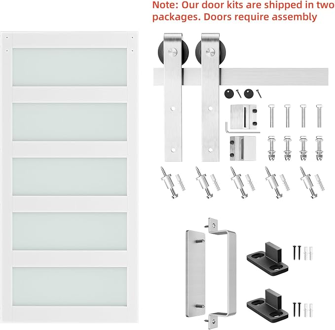 SMARTSTANDARD 40 x 84 in Glass Barn Door with 7FT Silver Sliding Hardware | Brushed Nickel Sliding Hardware Kit & Handle, Pre-Drilled Ready to Assemble, Waterproof PVC Coating, White, 5-Panel Glass