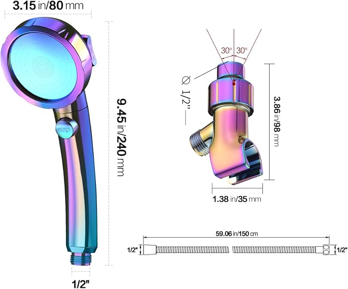 High Pressure Handheld Shower Head with ON/OFF Switch, 3 Spray Modes, Adjustable Angle Bracket, Radiant Rainbow | 3 Spray Modes Shower Wand with Shut Off Button, Camper & RV Showerhead with Hose & Angle Adjustable Holder, Radiant Rainbow