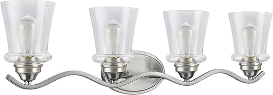 Aspen Creative 62118-1, Four-Light Metal Bathroom Vanity Wall Light Fixture, 33" Wide, Transitional Design in Satin Nickel with Clear Glass Shade