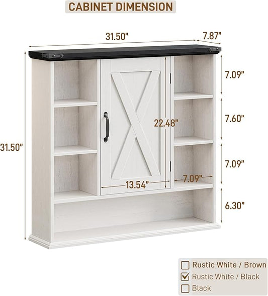 Bathroom Wall Cabinet, Farmhouse Medicine Cabinet with Adjustable Shelves and Barn Doors, Large Wall Mounted Over the Toilet Storage Cabinet for Bathroom, Laundry Room, Kitchen, Rustic White and Black