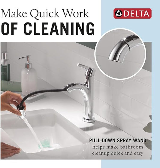 Delta Nicoli 1 Hole Pull Down Bathroom Faucet with Sprayer, Chrome Single Hole Bathroom Sink Faucet with Pull Out Sprayer for Vanity, Metal Push-Pop Drain, Chrome 15749LF-PD