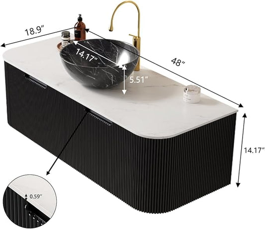 Yayzy 48" Floating Bathroom Vanity with Sink, Solid Wood Fluted Cabinet, White Marble-Patterned Ceramic Basin & Faux Marble Top, Soft-Close Drawer, Pre-Assembled, Gloss Black