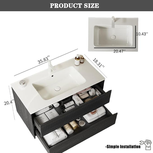 36" Floating Bathroom Vanity with Sink, Wall Mounted Modern Bathroom Cabinet with 2 Soft Close Drawers, Oak & Plywood, Pre-Assembled with Integrated Ceramic Basin – Sedona, Dark Oak