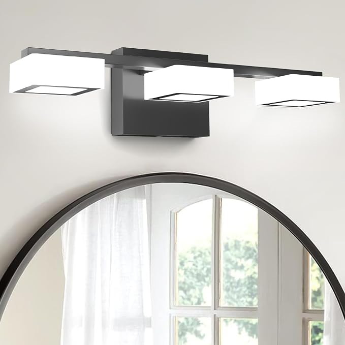 LED Modern Bathroom Light Fixtures Over Mirror, 3-Light Dimmable Vanity Lights, Matte Black Acrylic Bathroom Vanity Light, 2700K-6500K Adjustable, ETL Certificated