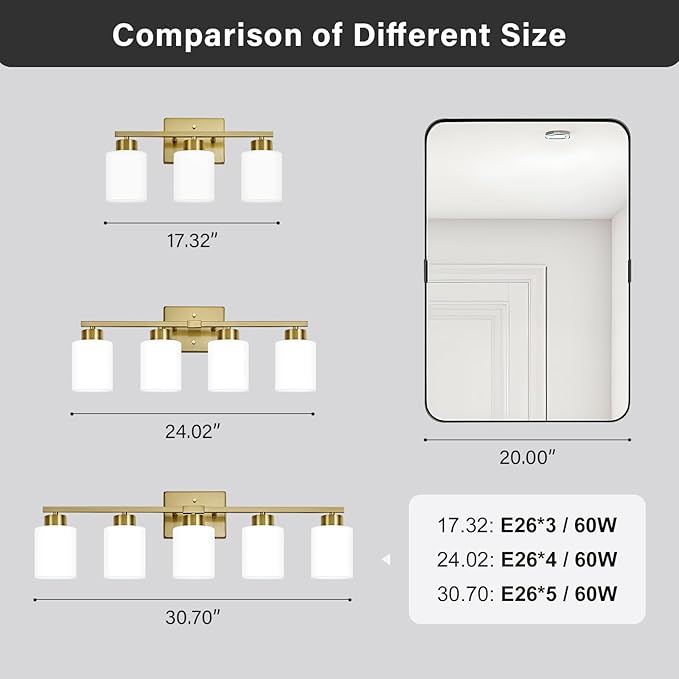 FonmYim Brushed Gold Bathroom Light Fixtures Vanity Lights Over Mirror | Modern 3-Light lighting fixtures for bathroom with Milky White Frosted Glass Shades, E26 Socket (Bulbs Not Included)
