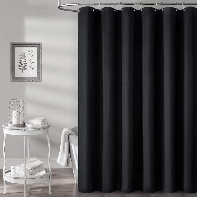 48x72 Linen Textured Waterproof Thick Fabric Shower Curtain Set, Black | Stall Size, 230GSM Polyester, Heavy Duty Cloth, Weighted Hem, 8 Plastic Hooks, Modern Luxury Hotel Style, Machine Washable