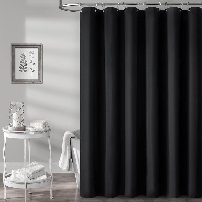 84x72 Wide Linen Textured Waterproof Cloth Thick Shower Curtain, Black | Wide Size, 230GSM Polyester, Heavy Duty Fabric, Weighted Hem, 14 Plastic Hooks, Modern Luxury Hotel Style, Machine Washable