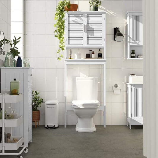 SONGMICS Over The Toilet Storage Cabinet, Bathroom Cabinet with Adjustable Inside Shelf and Bottom Stabilizer Bar, Space-Saving Toilet Rack, Cloud White UBTS010W01