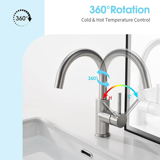 CREA Bar Sink Faucet, Bathroom Kitchen Faucet Brushed Nickel Pre Wet Small Mini Kitchen Bath Utility Marine Faucet Single Hole Stainless Steel Farmhouse Vanity Lavatory Faucets Outdoor