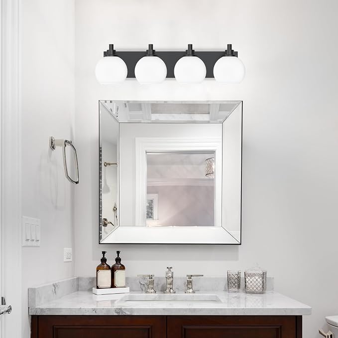 IZORRO Bathroom Light Fixtures, 4-Light Matte Black Vanity Light, Modern Wall Sconces with Globe Milk White Glass Shade, Vanity Lighting Fixtures Over Mirror,E26 Bulb Socket