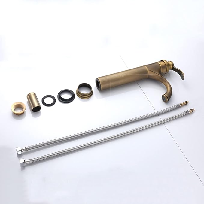 Vintage Bathroom Faucet, Cold Hot Mixer Vanity Tap, Single Hole, Antique Brass High, Gold(Antique)