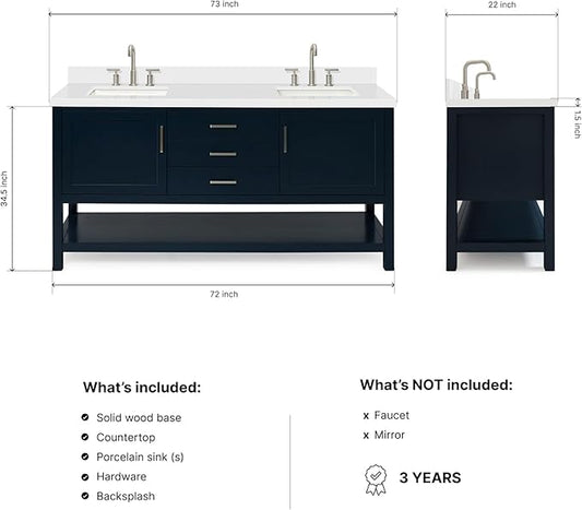 ARIEL Bayhill 72-inch Bathroom Vanity with Sink,Solid Wood, 1.5-inch Pure White Quartz Countertop, Double Rectangular Porcelain Sink, 2 Soft Closing Doors, 3 Dovetail Drawers, Midnight Blue