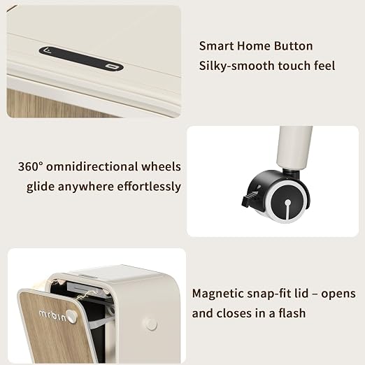 MRBIN Stainless Steel Motion Sensor Trash Can Bathroom with Butterfly Lid and Leg, 5.5 Gal Wheeled Tall Automatic Smart Waste Basket Garbage for Bedroom, Kitchen, Cream White with Walnut Pattern