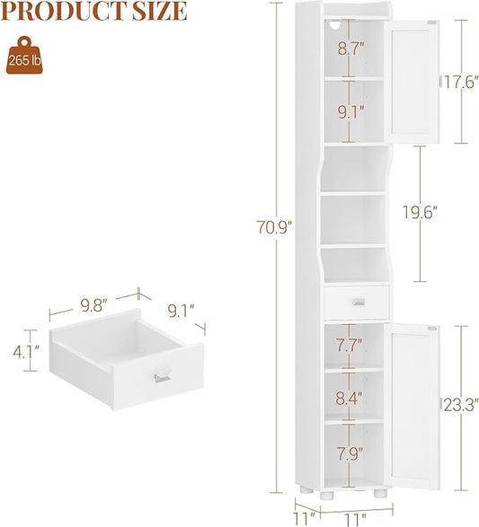 Bathroom Storage Cabinet, Tall Bathroom Cabinet, Freestanding Floor Cabinets with 2 Doors and 1 Drawer, Toilets Organizer with Adjustable Shelf, 1 Hook for Living Room, Kitchen, White 480013X