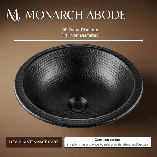Monarch Abode Bathroom Sink – 16-Inch Rotunda Dual Mount Undermount or Drop In Bathroom Sinks, Bathrooms Hand Hammered Matte Black Aluminum Vanity Sink for Countertop, Powder Room, Bath, or Restroom