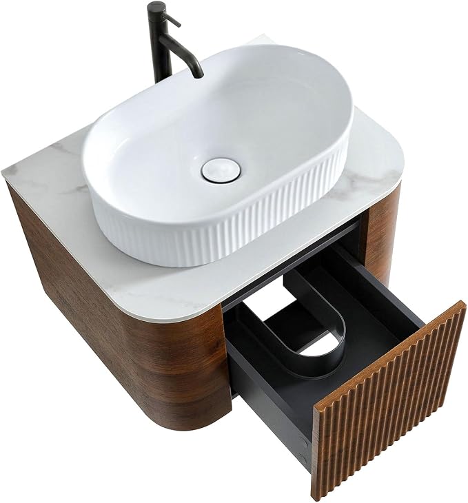 24" Preassembled Floating Bathroom Vanity with White Sink, Walnut | Mid-Century Modern Style, Fluted & Soft-Close Drawer with U-shaped Wall, Sinterted Stone Countertop, Towel Rack Included