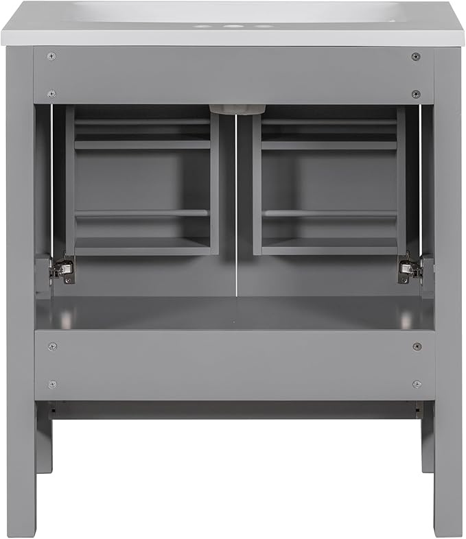 LUMISOL 30" Gray Bathroom Vanity with Sink, Solid Wood Bathroom Vanity with a Drawer and 2 Doors, Multifunctional Storage Racks, Freestanding Bathroom Storage Cabinet with Ceramic Sink, Grey