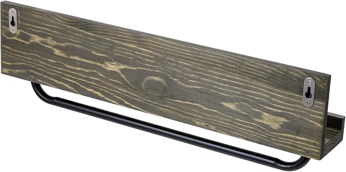 MyGift Bathroom Shelf with Towel Bar 22 Inch, Bath Towel Holder Rack Hanger, Wall Mounted Bathroom Display Storage Shelf, Vintage Weathered Gray Solid Wood with Industrial Metal Pipe