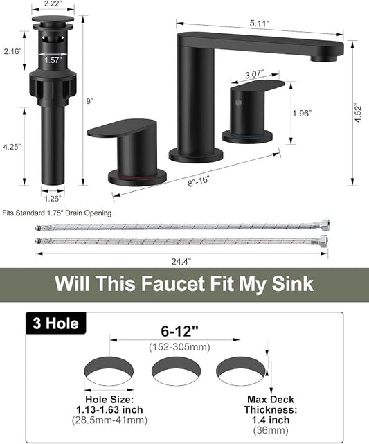 BWE Matte Black Bathroom Faucet 3 Hole 8 Inch Widespread Sink Faucets | Vanity Faucets with Pop-up Drain and Supply Lines, 360° Swivel Spout 2-Handle Sink Faucet Taps for Washstands for Bath