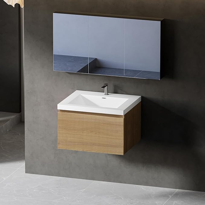 24'' Floating Bathroom Vanity with Sink Combo, Modern Wall-Mounted Striped Bathroom Storage Cabinet with Soft-Close Drawer and Glossy White Solid Surface Basin, No Assembly Required, Natural Oak