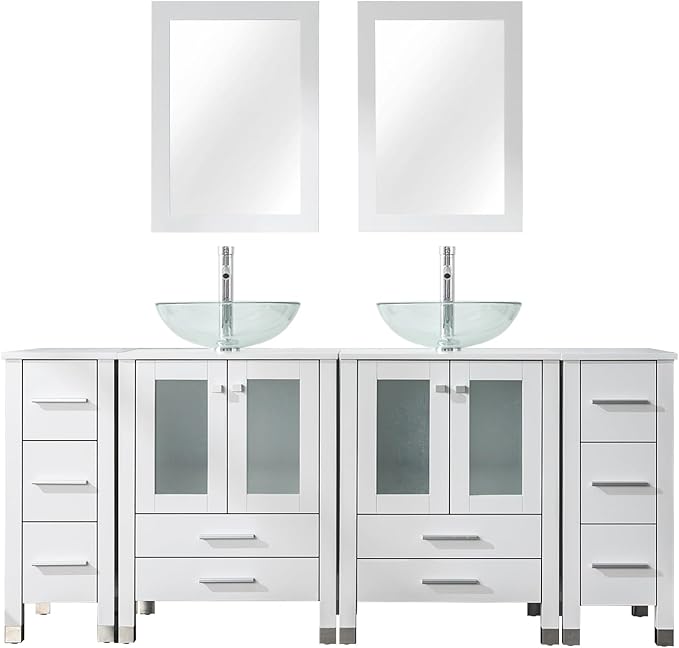 LUCKWIND 72" Double 24-in Bathroom Vanity with Sink Combo, Elegant Series with Two 12.6-in Side Cabinets, Painted Frame, Including Transparent Round Sinks, Faucets Without Mirrors, White