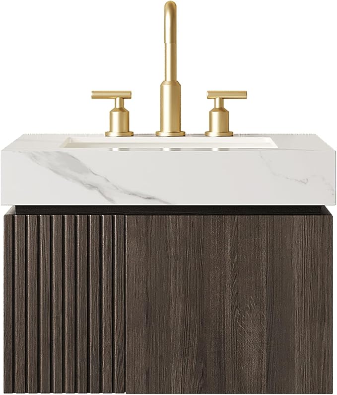 KEIKI 24 Inch Floating Bathroom Vanity with Sink, Espresso & White | Modern Wall Mounted Storage Cabinet with 2 Doors, Pre-assembled Wood Panels, Sintered Stone Top & Ceramic Basin Combo Set