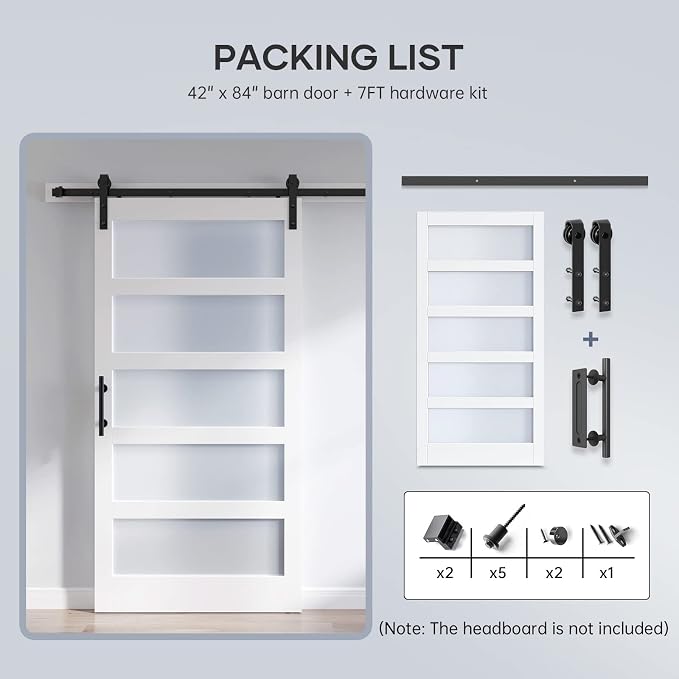 42x84 Inch Glass Sliding Barn Door Slab and 7ft Hardware Kit Included, 5 Frosted Glass, LVL Wood Panel Covered with White Water-Proof Scratch-Proof PVC Surface, Simple DIY Assembly