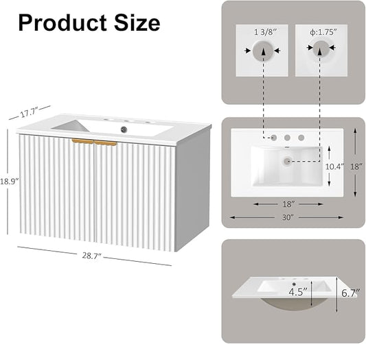 Bathroom Vanity with Sink, 30" Wall Mounted Floating Vanity Cabinet, Modern Bathroom Sinks with LED Light, Metal Handle & Double Soft-Close Doors, White
