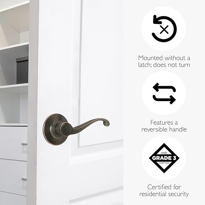 Design House Scroll One-Sided Non-Turning Dummy Door Lever, Oil Rubbed Bronze, Decorative Interior Door Handle for Closet, Pantry, and French Doors, Reversible Surface Mount Hardware, 791657 | Surface, Traditional, Brass, Hardware, 791657