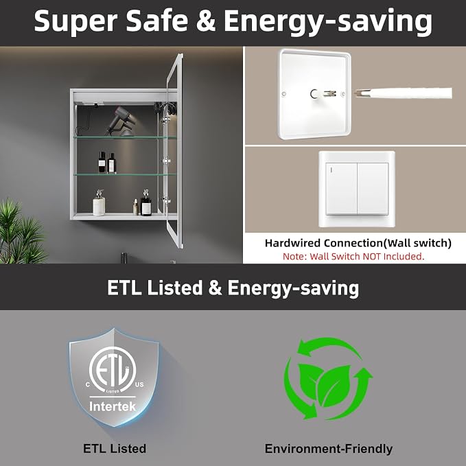 24 x 30 Inch Medicine Cabinet with Mirror and LED Light for Bathroom | Recessed, Wall-Mounted, Dimmable, Anti-Fog, Memory Function, 3 Color Mode, Outlet&USB, Adjustable Shelf, ETL Listed, Aluminum