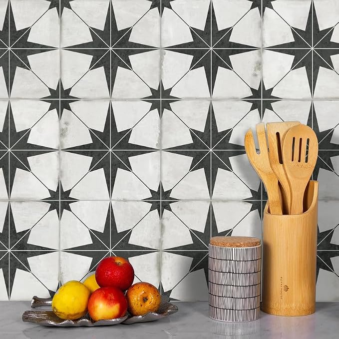 The Tiles Plaza Encaustic Peel and Stick Backsplash, Black Star Patterned Vintage Stick on Tiles, Stone Composite Self-Adhesive Wall Tile Sticker for Kitchen Bathroom Fireplace Stairs, 10 Sheets