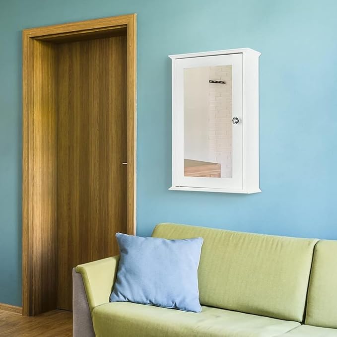 Karl home White Wall Mounted Medicine Cabinet, Single Mirror Bath Storage | Wooden Wall Cabinet with Adjustable Shelves for Bathroom, Living Room, Entryway Storage