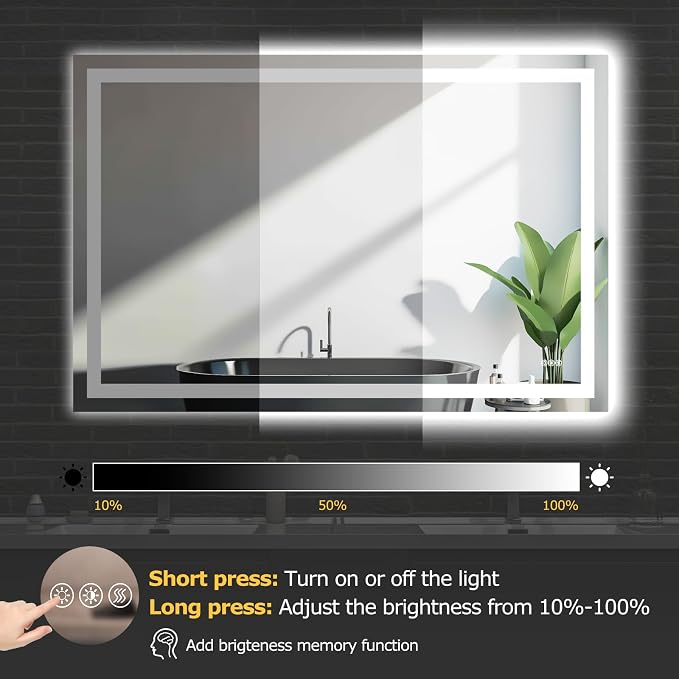 Hivone 60"X40" LED Bathroom Mirror with Lights, Anti-Fog, Dimmable, Backlit + Front Lit, Smart Bathroom Vanity Mirror, Memory Function, Shatterproof, Tempered Glass (Horizontal/Vertical)