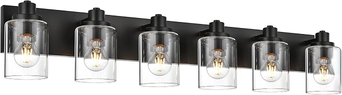 6 Light Bathroom Vanity Lights, Bathroom Lighting Fixtures over Mirror with Clear Glass Shades, Black Vanity Light For Bathoom, Modern Wall Sconces Vanity Lighting Fixture for Bathroom Hallway