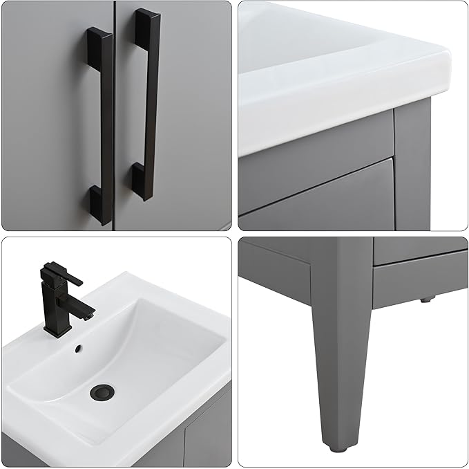 HomeBeyond 24 Inch Bathroom Vanity with Sink & Ceramic Top, Single Vanity Cabinet with Basin, Soft-Closing Doors & Matte Black Hardware, Grey
