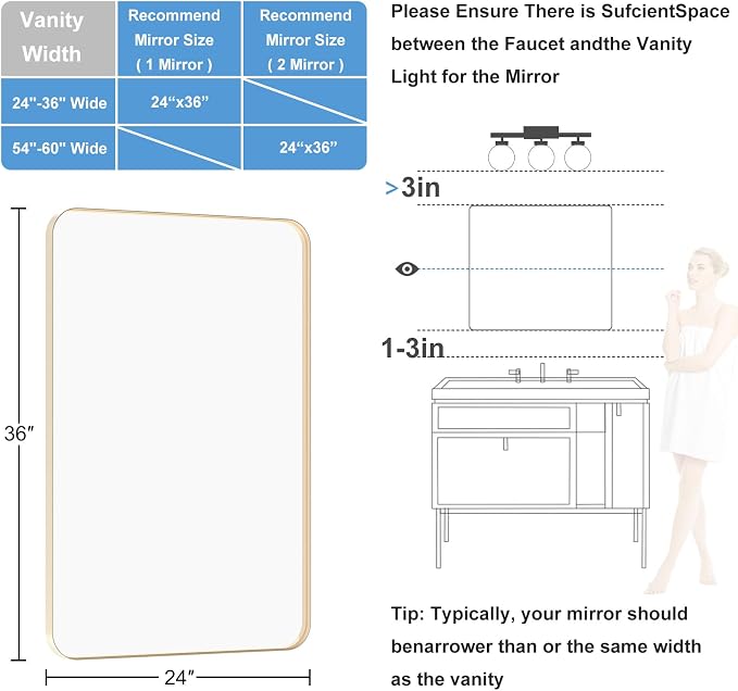 2-Pack Brushed Gold Bathroom Mirror for Over Sink, 24" x 36" Framed Rectargular Wall-Mounted Bathroom Mirrors for Vanity, Decorative, Farmhouse, Restroom, Horizontally or Vertically Hanging