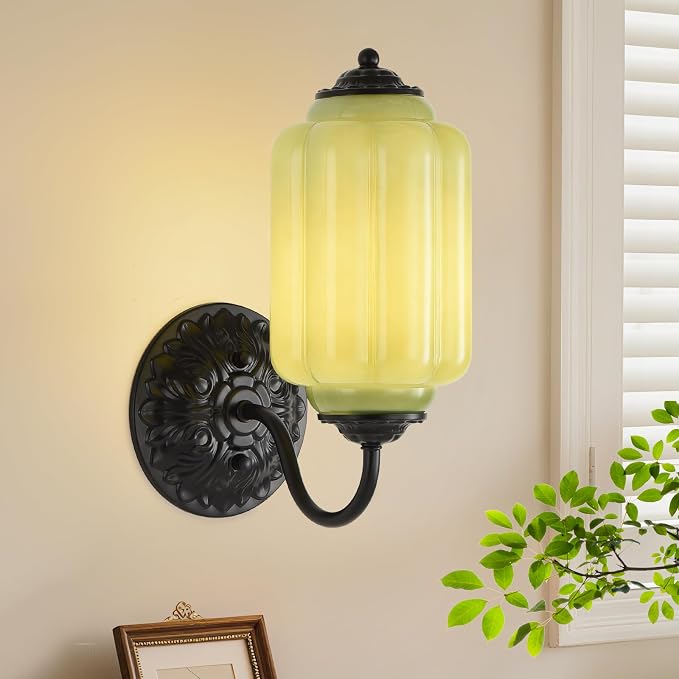 Green Glass Sconce Vintage Vanity Sconces Black, Bulb Included | Green Glass Art Deco Antique Wall Sconce Wall Light for Bedroom Bathroom Living Room Entryway Antique Black and White 1 Pack