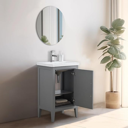 Vanity Art 20 inch Bathroom Vanity with Single Sink & Ceramic Top, Vanity Cabinet with Soft-Closing Doors, Solid Wood Frame, Cashmere Gray, VA9020-G-MB1