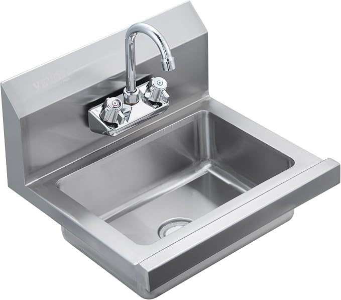 VEVOR Commercial Hand Sink with Faucet, Stainless Steel Sink for Washing, Small Washing Sinks, Wall Mount Hand Basin, Utility Sink for Restaurant, Kitchen, Bar, Garage and Home, 17 x 15 inch