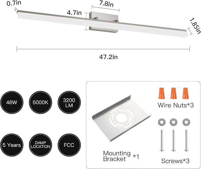 48 inch Bathroom Vanity Light, LED Modern Bathroom Light Fixtures Over Mirror, Dimmable 46W 5000K Cool White Vanity Lighting Fixture, Brushed Nickel Adjustable Vanity Light Bar-UL Certified