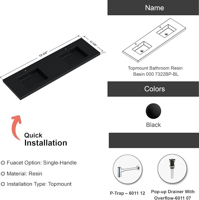 Dowell 73" Bathroom Sink,Double Bowl Vanity Basin,Rectangular Drop-In Bathroom Sink with Overflow,Black-000 7322BPBL