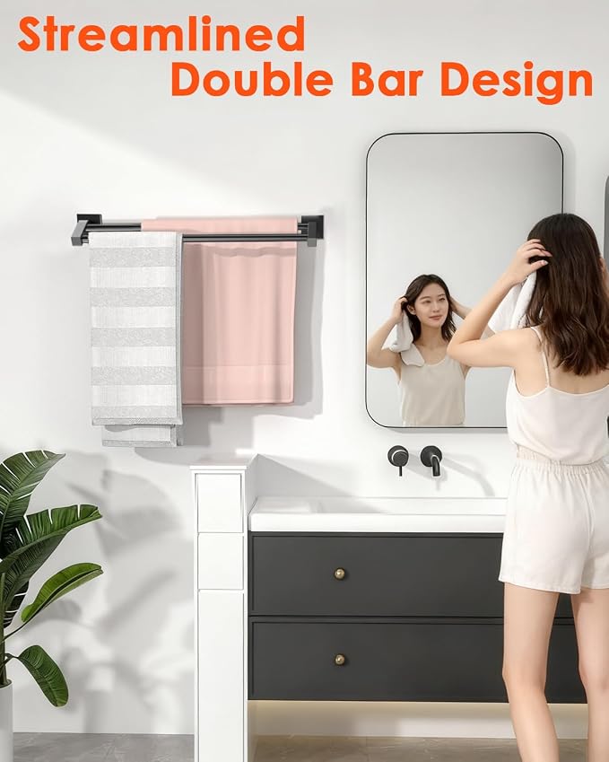 Alise Double Towel Bar,16 Inch Double Towel Racks for Bathroom, Matte Black | Quick Drying Bathroom Towel Holder, SUS304 Stainless Steel Towel Hanger Wall Mounted, Useable Length 14.9"
