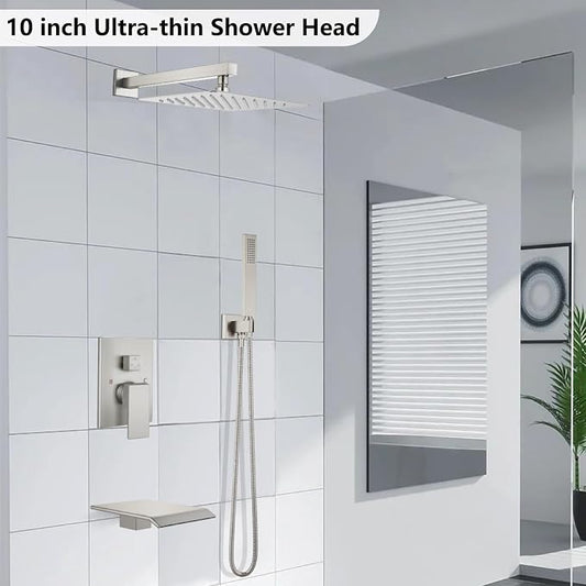 Midanya Rain Shower System with Tub Spout,10 Inch Brushed Nickel | with Valve&Trim Kit,All Metal,Square Rainfall Head,Handheld Sprayer,Waterfall Spout,Wall Mount,Bathroom Shower Tub Faucet Set