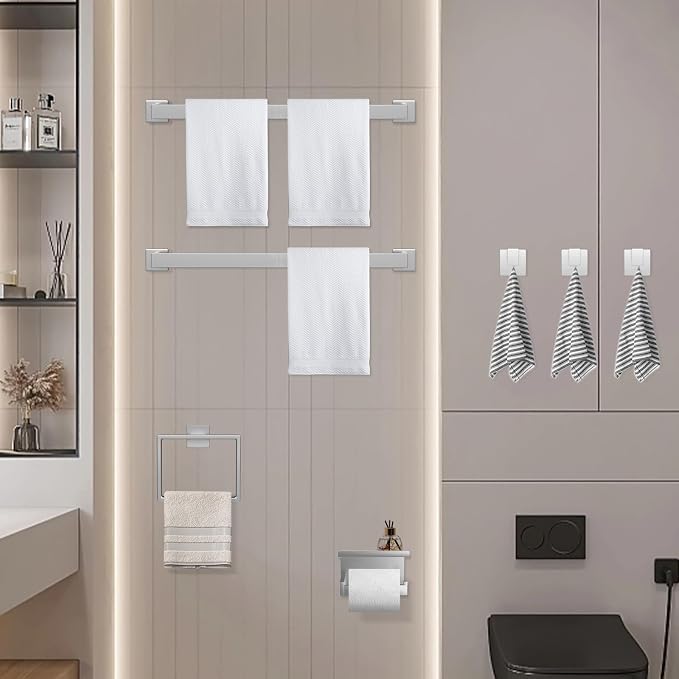 Dorudon atrox 7-Piece Bathroom Hardware Set Brushed Nickel Towel Bar Set with Towel Rack, 2 Square 23-Inch Towel Bars and Stainless Steel Bathroom Accessories Wall Mounted