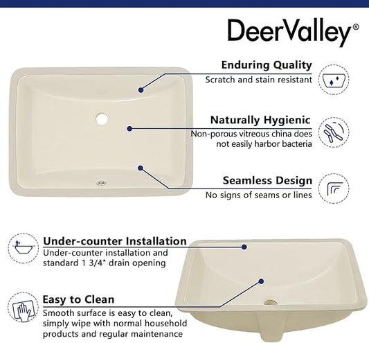 DeerValley DV-1U0085 Ally Rectangular Undermount Bathroom Sink 21'' x 15'' inch Vitreous China Bathroom Undermount Sink with Overflow, Bone