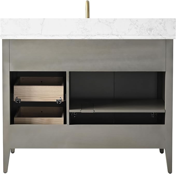 Vanity Art 42 inch Bathroom Vanity with Single Sink & Ceramic Top, Vanity Cabinet with Soft-Closing Door, Solid Wood Frame, Linear Pattern, Driftwood Gray, Golden Brushed Handware VA9142-DG-GB