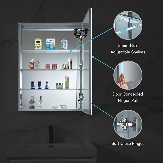 Blossom LED Lighted Mirror Medicine Cabinet, 24x32, Right Hinge, Wall Mounted Recessed or Surface Bathroom LED Medicine Cabinet with Mirror, Makeup Mirror with Lights, Defogger, Adjustable Brightness