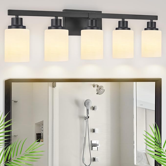 Bathroom Vanity Light, 5-Light Vanity Lighting Fixture Over Mirror for Bathroom, 30" Matte Black Wall Light Fixture, Wall Sconces with Frosted Glass Shade for Mirror Bedroom Living Room